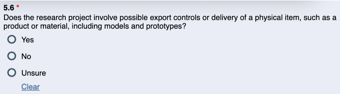 Image of the Export Controls question in the PAF